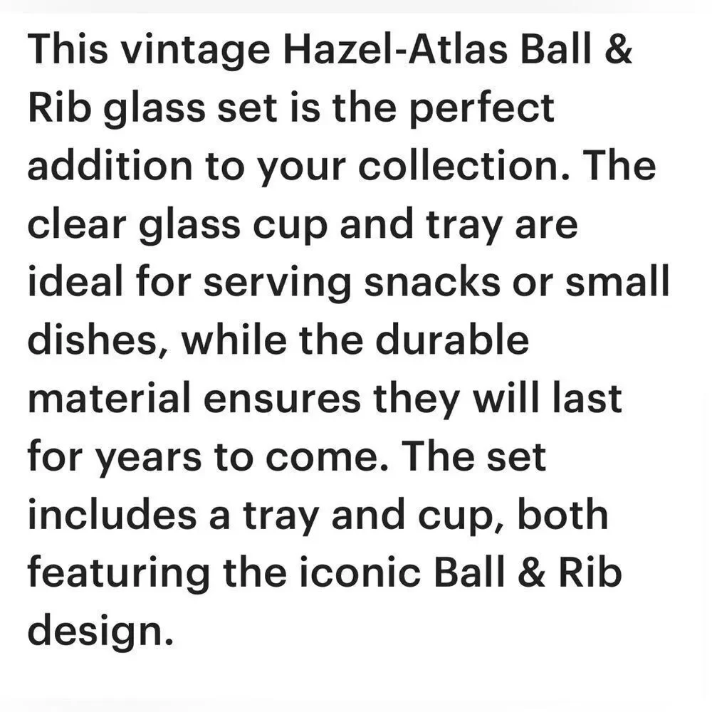 Hazel Atlas Ball & Rib Elegant Clear Glass Smoke Snack & Sip Tray 6 Oz Cup Set
